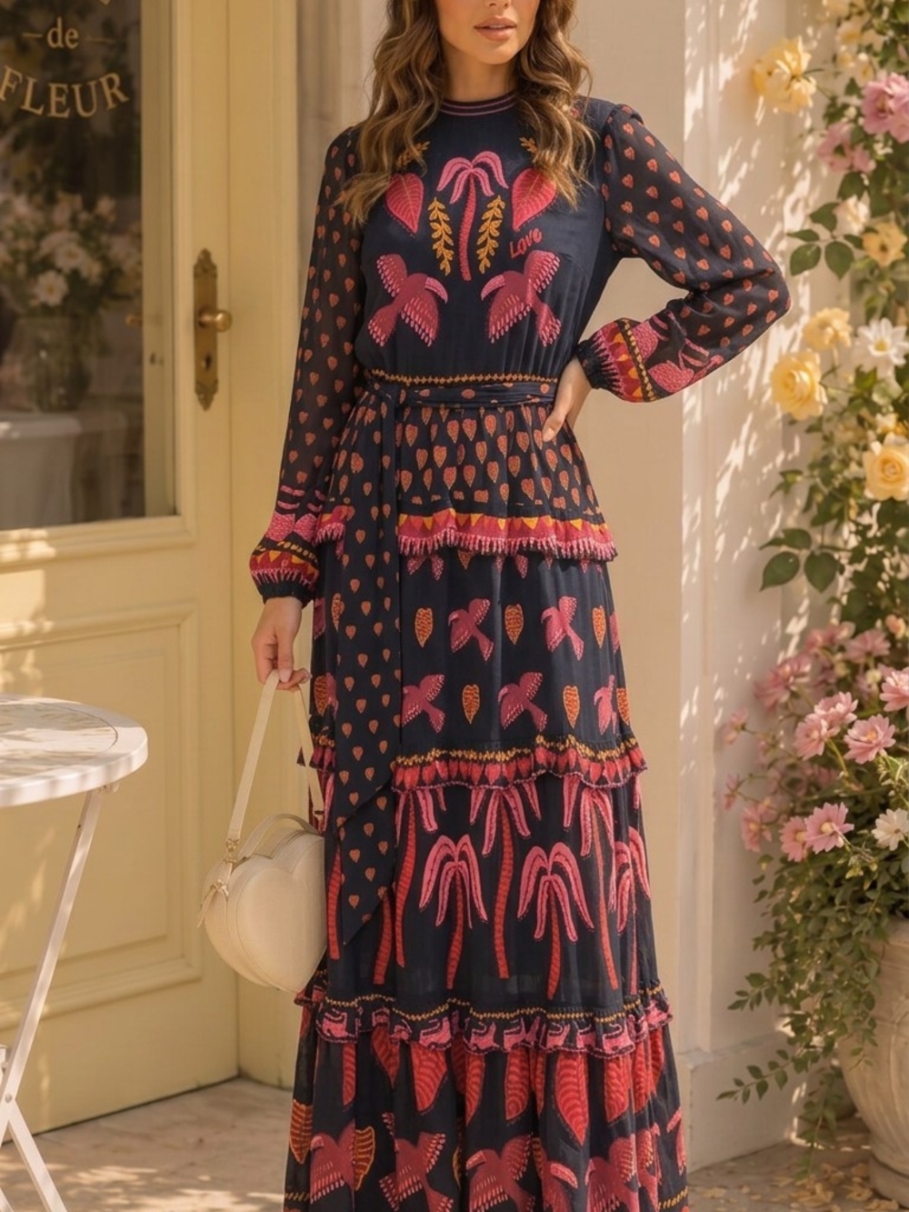 FARM Rio Navy Maxi Dress with Pink Botanical Motifs